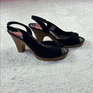 Rocket Dog black eyelet peep toe sling back cork heel sandals, size 7